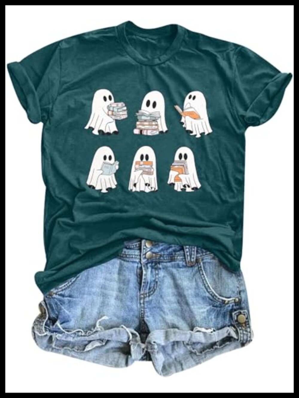 Women Halloween Teacher T-Shirt Ghost Reading Books Graphic Tee Short Sleeve